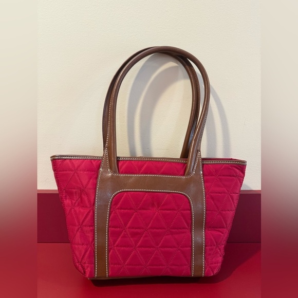 Ann Taylor Loft Handbag Purse Maroon - Red Quilted Nylon Brown w/ Leather Straps - Picture 2 of 3